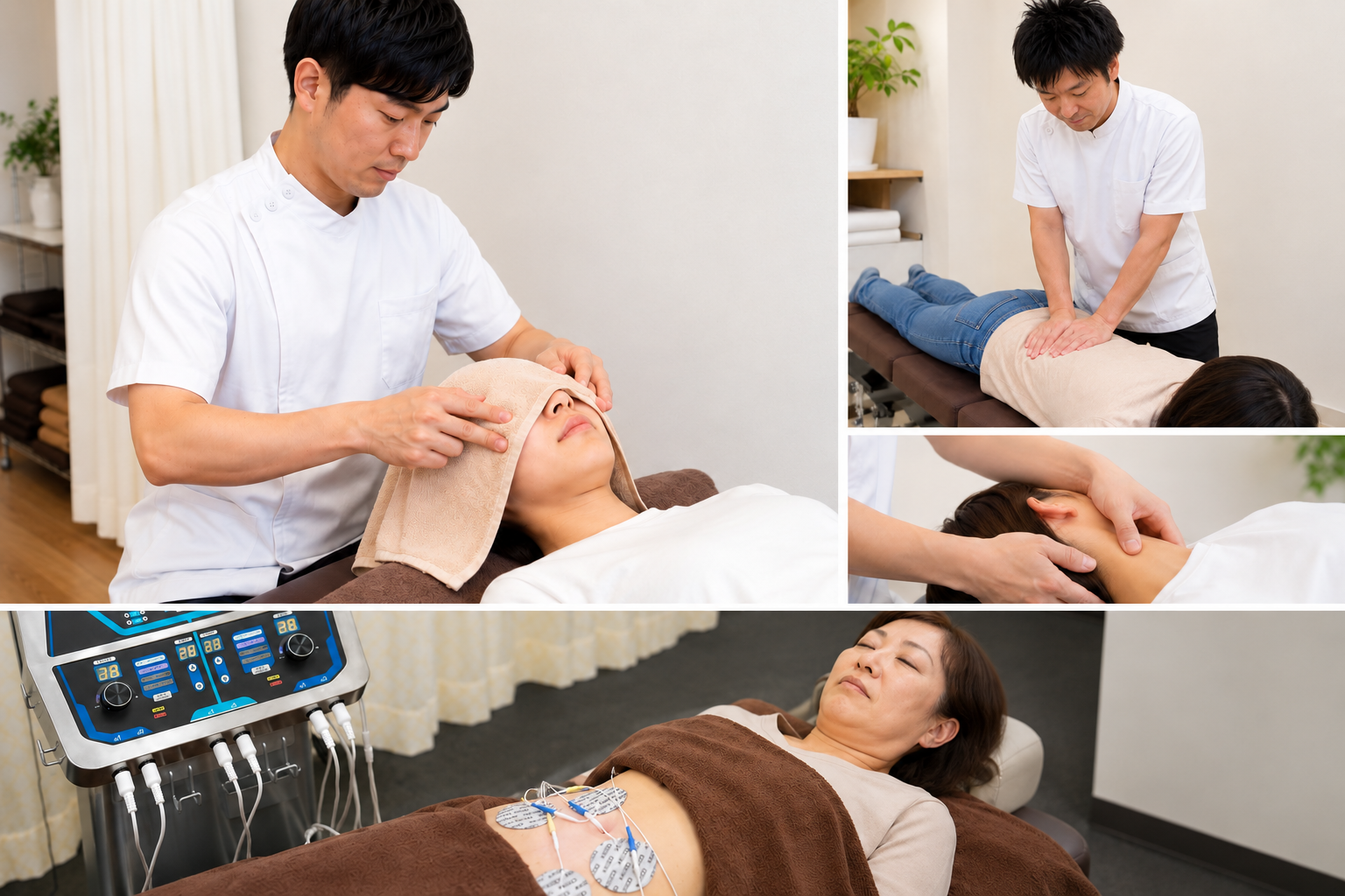 谷津一整骨院のカイロプラクティック、眼精疲労ケア、産後矯正、楽トレの施術イメージ